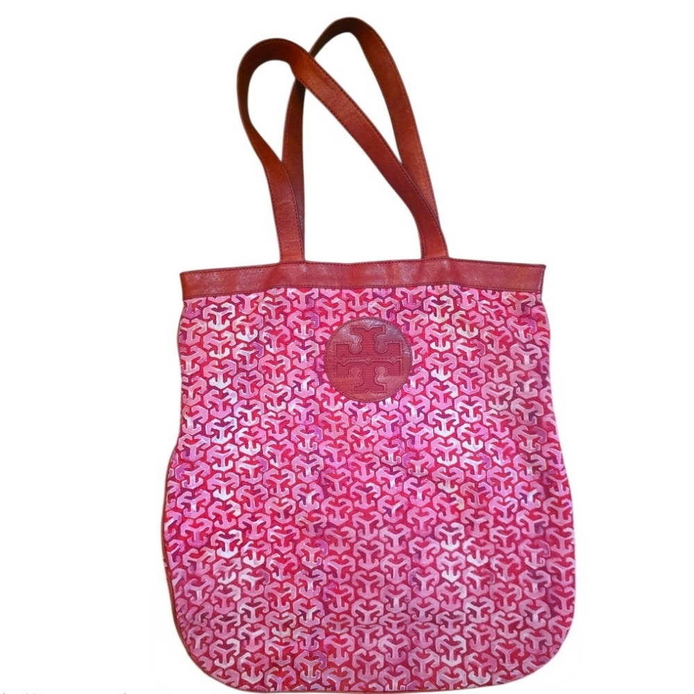 Tory Burch Vintage Logo Canvas Tote Red Pink Monogram Leather Trim Large Shopper